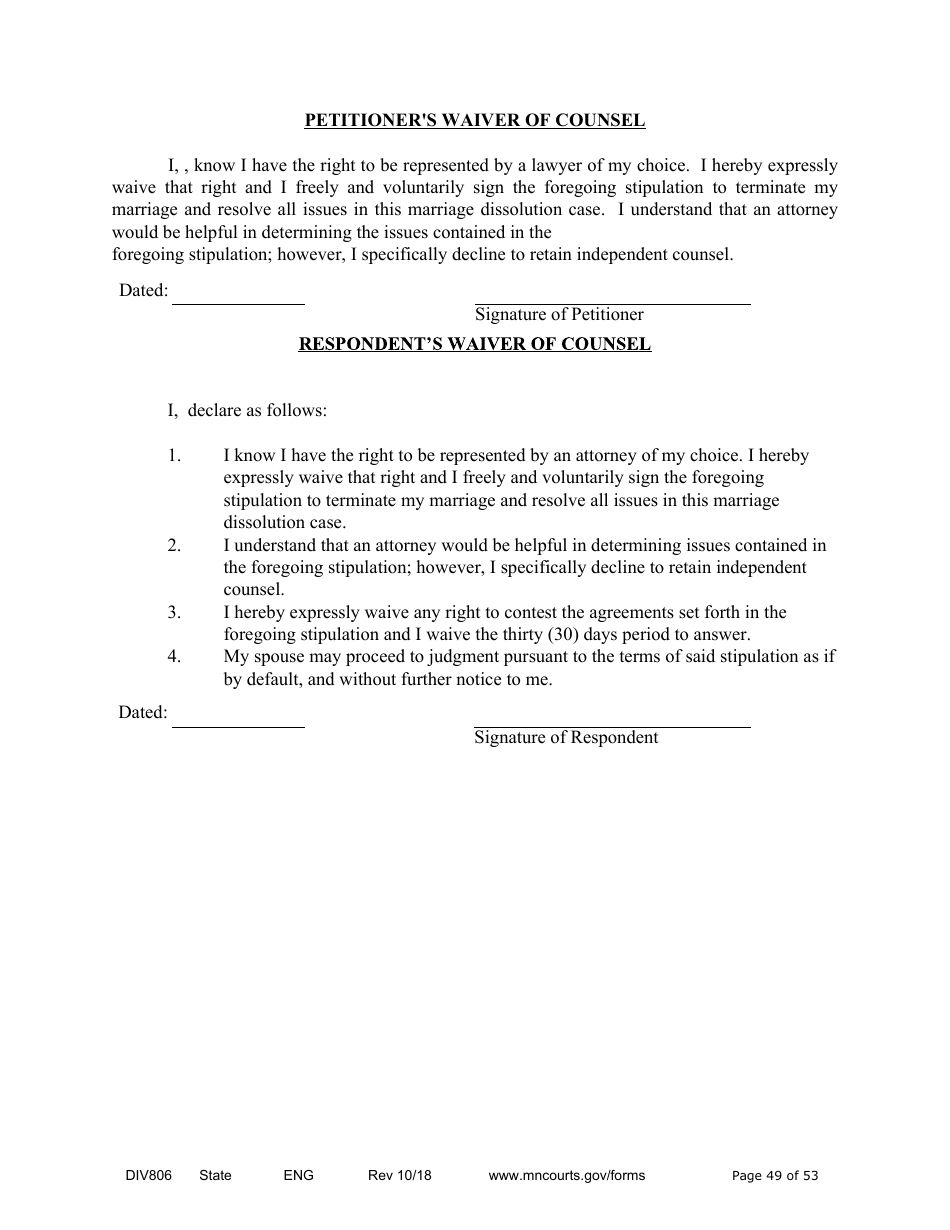 Form DIV806 Stipulated Findings of Fact, Conclusions of Law, Order for Judgment, Judgment and Decree - Minnesota, Page 49