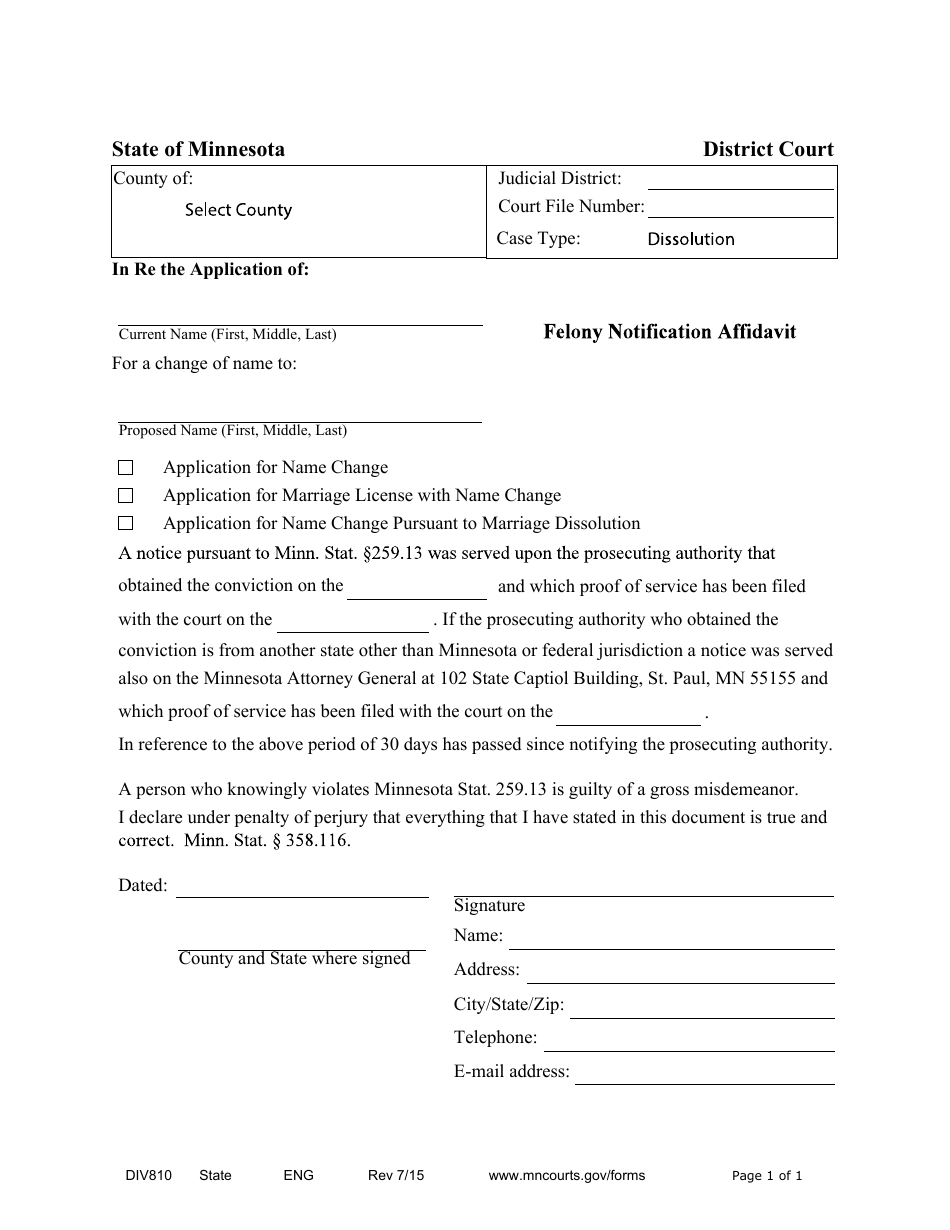 Form DIV810 Felony Notification Affidavit - Minnesota, Page 1
