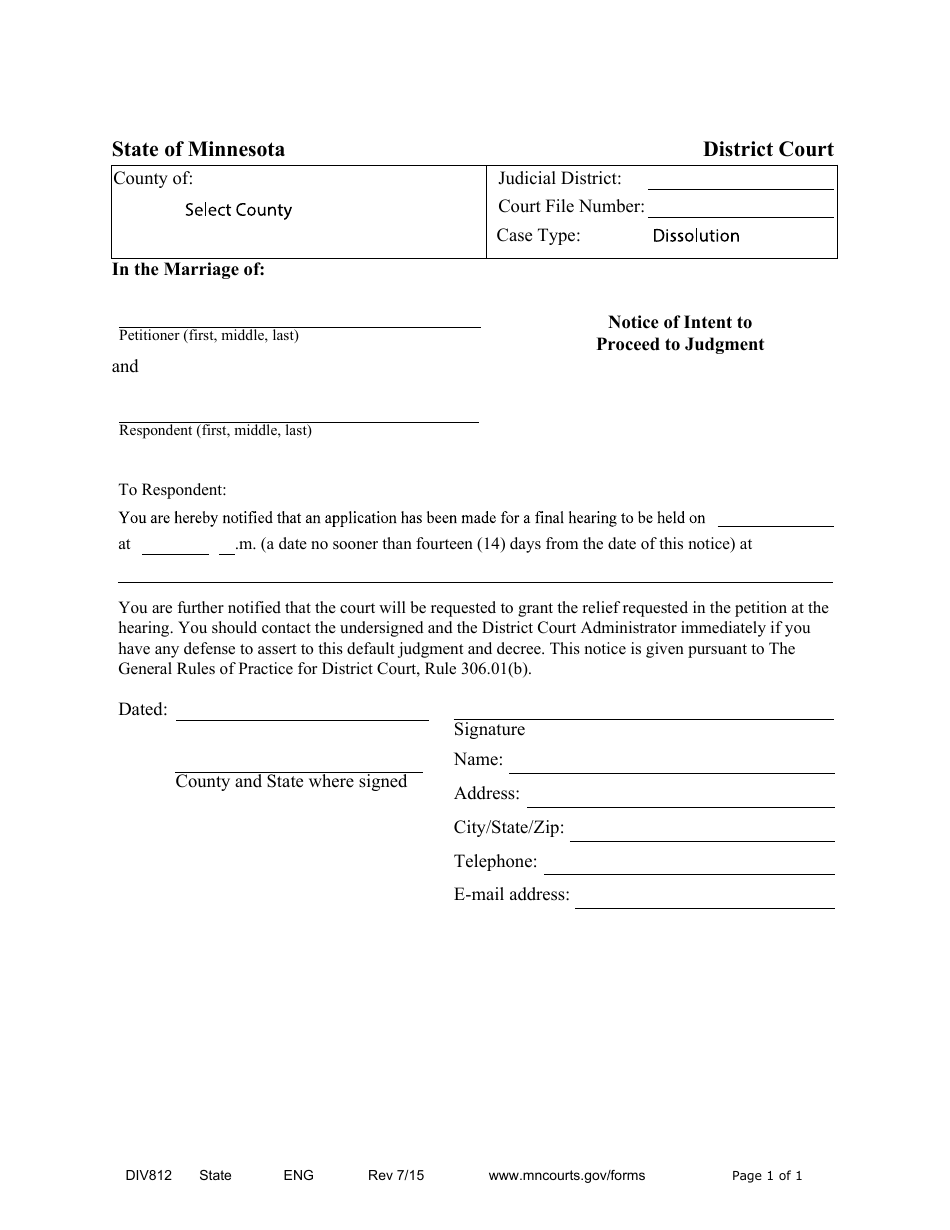 Form DIV812 Notice of Intent to Proceed to Judgment - Minnesota, Page 1