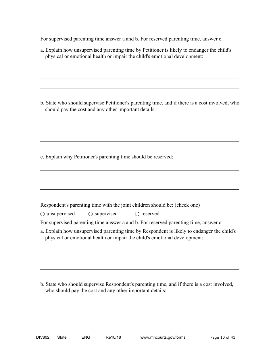Form DIV802 Petition for Dissolution of Marriage With Children - Minnesota, Page 10