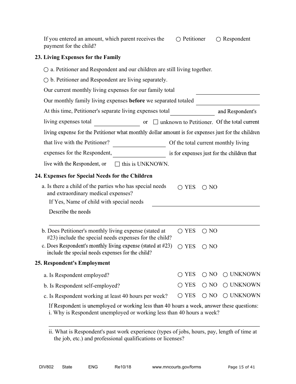 Form DIV802 Petition for Dissolution of Marriage With Children - Minnesota, Page 15