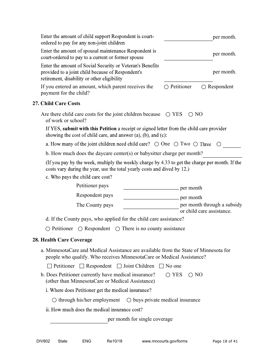 Form DIV802 Petition for Dissolution of Marriage With Children - Minnesota, Page 18