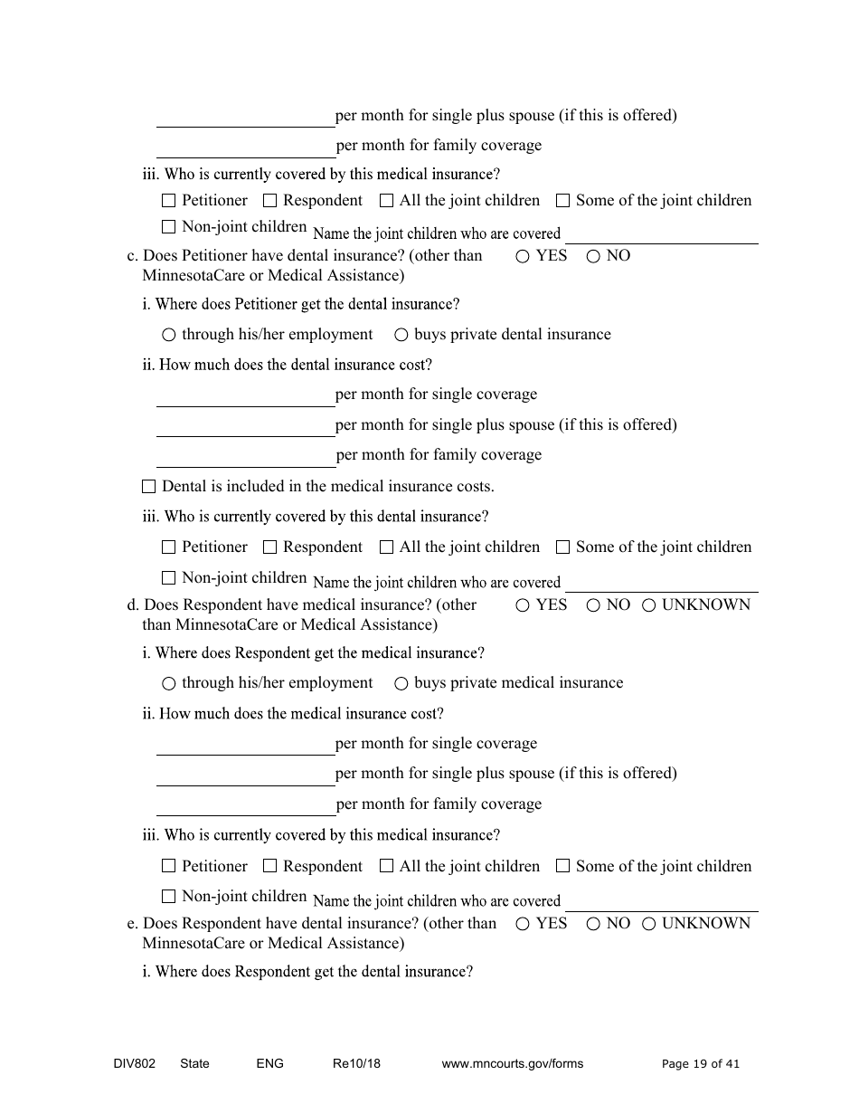 Form DIV802 Petition for Dissolution of Marriage With Children - Minnesota, Page 19