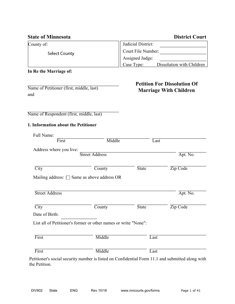 Form DIV802 Petition for Dissolution of Marriage With Children - Minnesota, Page 1
