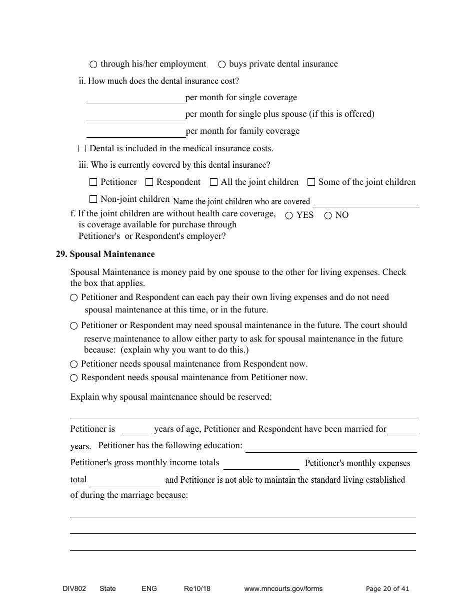 Form DIV802 Petition for Dissolution of Marriage With Children - Minnesota, Page 20