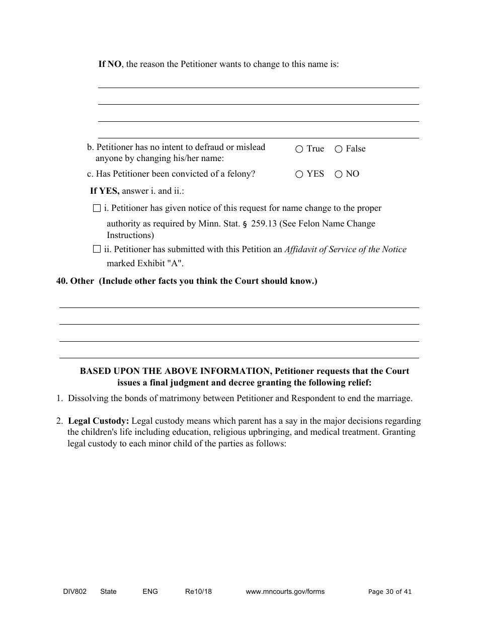 Form DIV802 Petition for Dissolution of Marriage With Children - Minnesota, Page 30