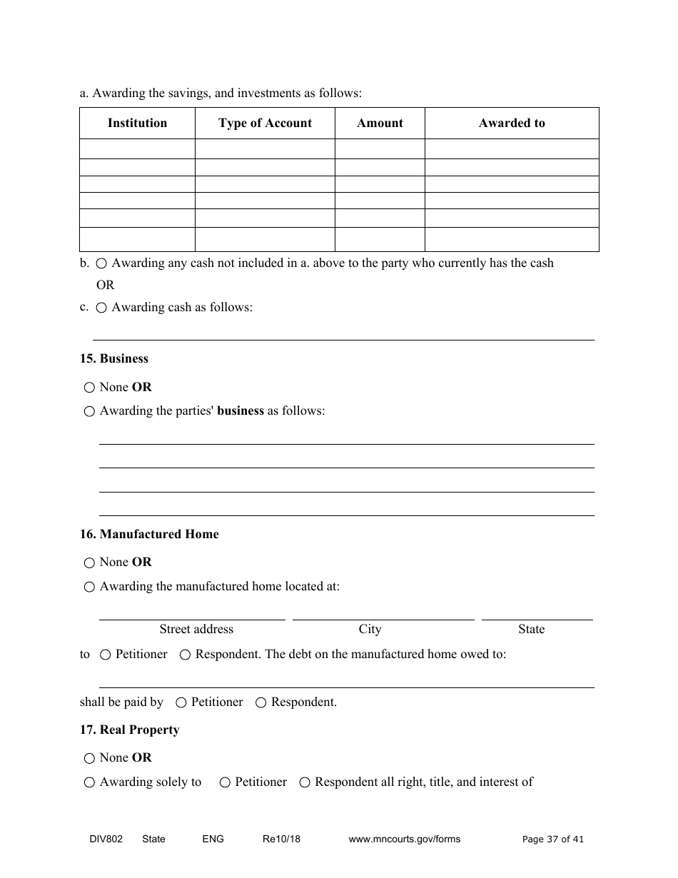 Form DIV802 Petition for Dissolution of Marriage With Children - Minnesota, Page 37
