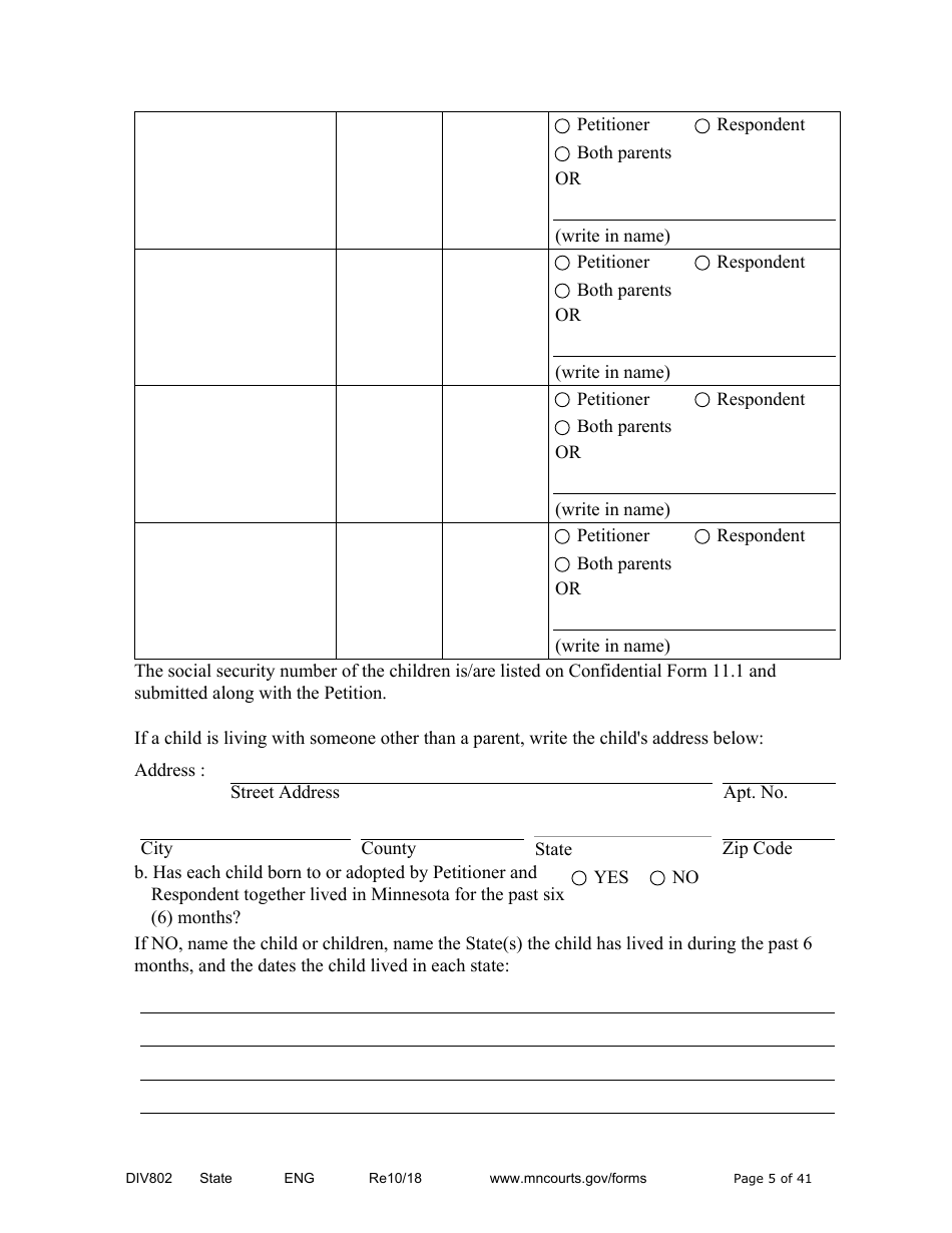 Form DIV802 Petition for Dissolution of Marriage With Children - Minnesota, Page 5