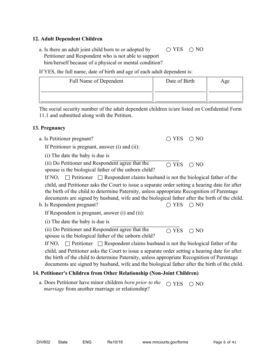 Form DIV802 Petition for Dissolution of Marriage With Children - Minnesota, Page 6