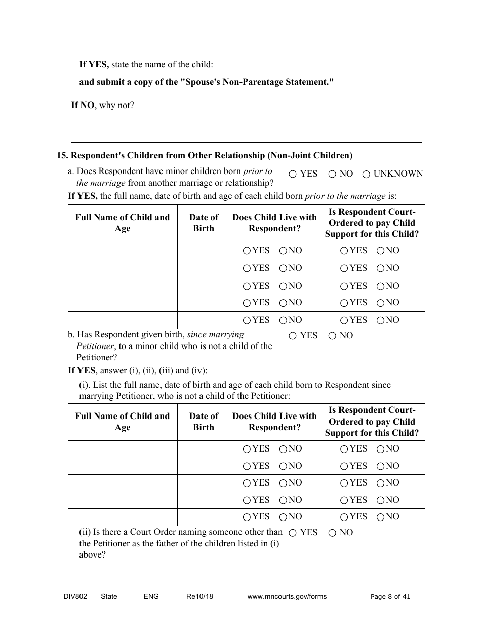 Form DIV802 Petition for Dissolution of Marriage With Children - Minnesota, Page 8