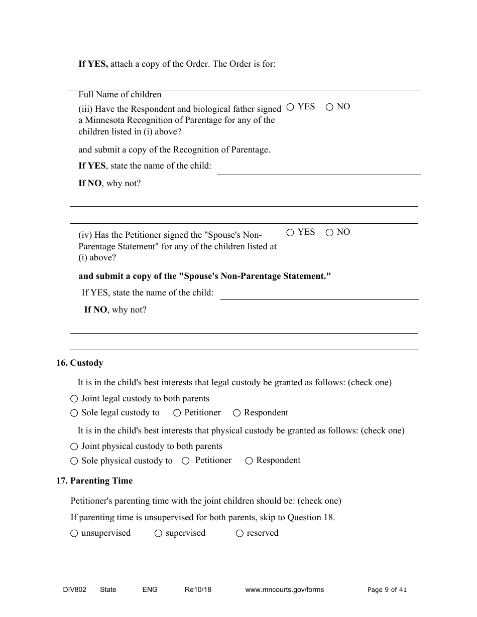 Form DIV802 Petition for Dissolution of Marriage With Children - Minnesota, Page 9