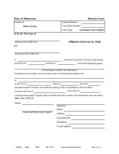 Form DIV904 Affidavit of Service by Mail - Dissolution With Children - Minnesota