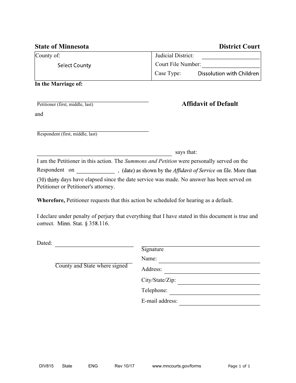 Form DIV815 Affidavit of Default - Minnesota, Page 1