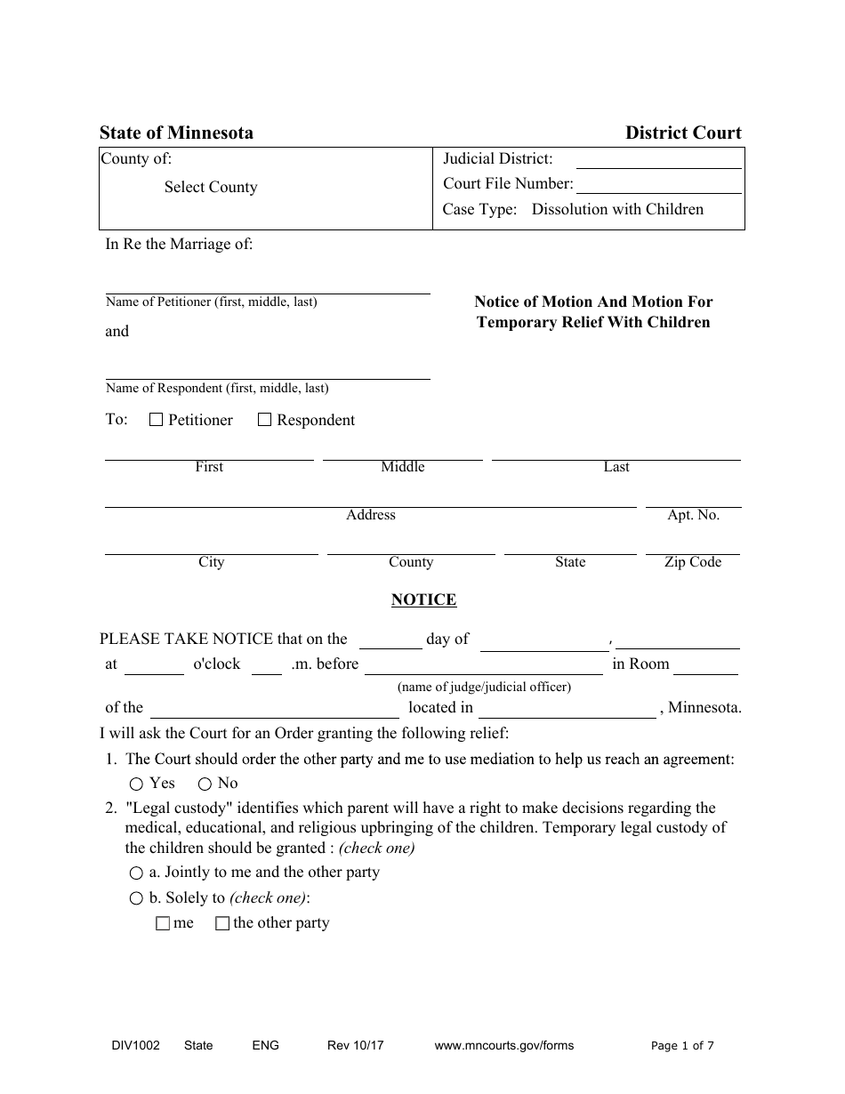 Form DIV1002 Notice of Motion and Motion for Temporary Relief With Children - Minnesota, Page 1
