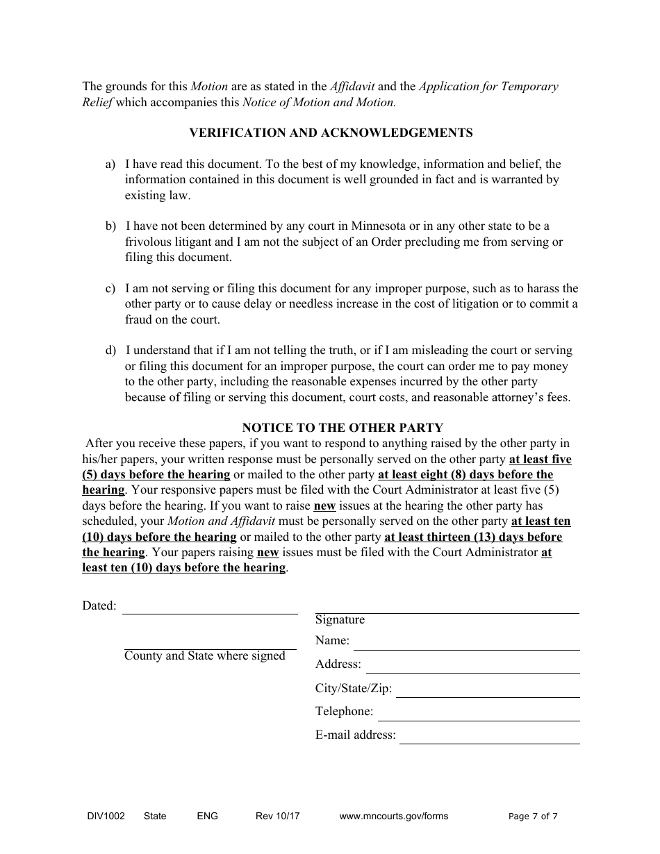 Form DIV1002 Notice of Motion and Motion for Temporary Relief With Children - Minnesota, Page 7