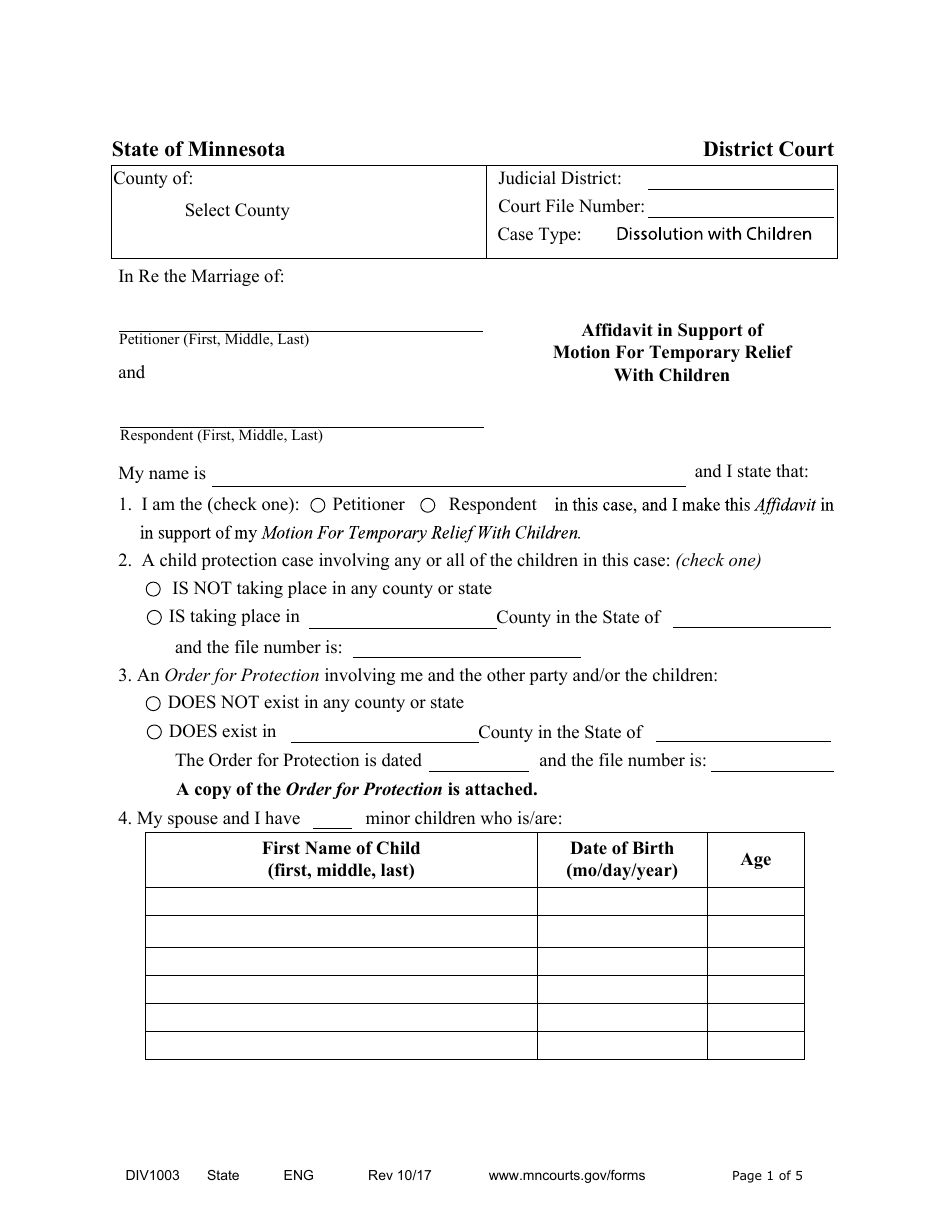 Form DIV1003 Affidavit in Support of Motion for Temporary Relief With Children - Minnesota, Page 1