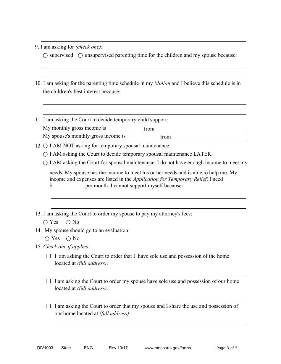 Form DIV1003 Affidavit in Support of Motion for Temporary Relief With Children - Minnesota, Page 3