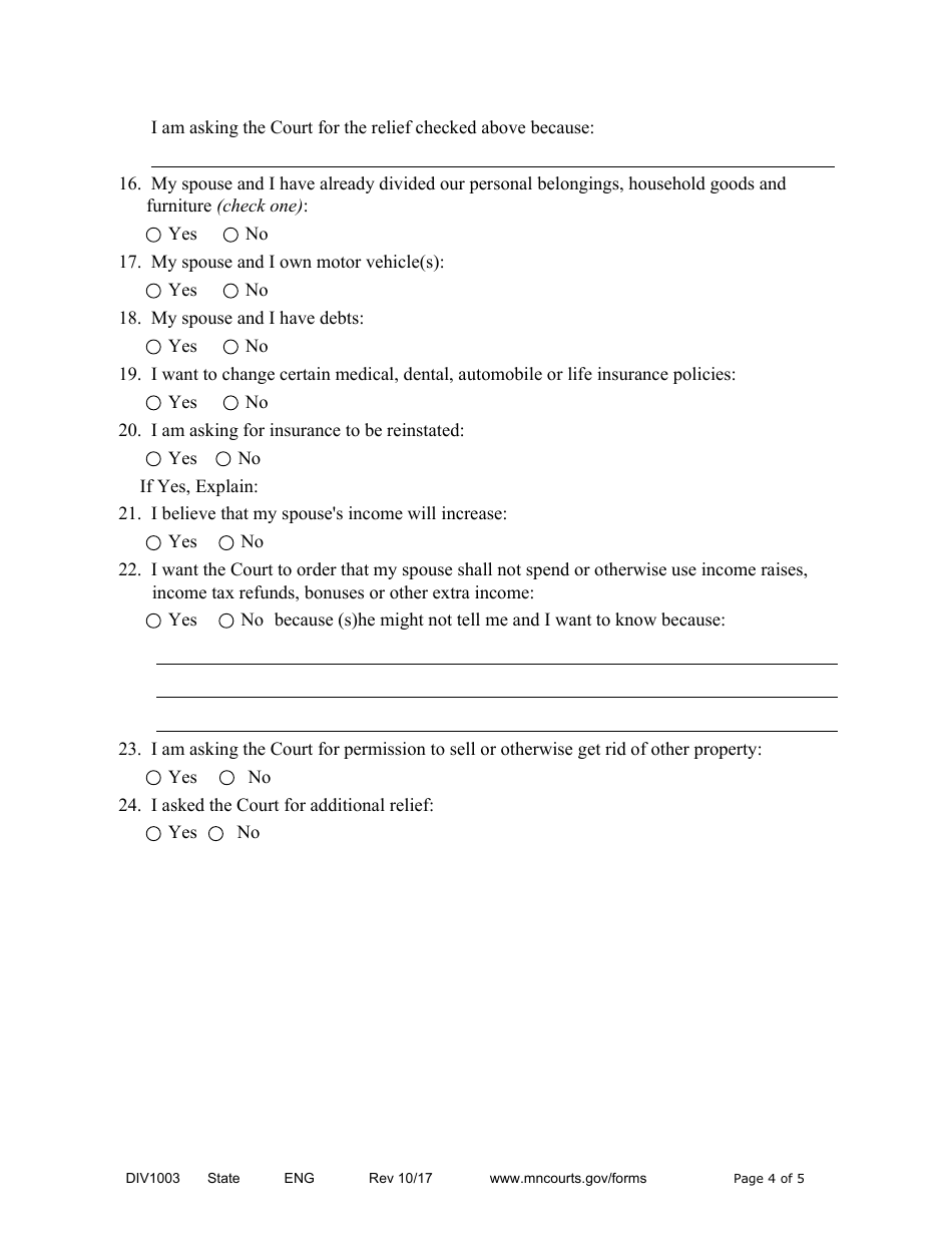 Form DIV1003 Affidavit in Support of Motion for Temporary Relief With Children - Minnesota, Page 4
