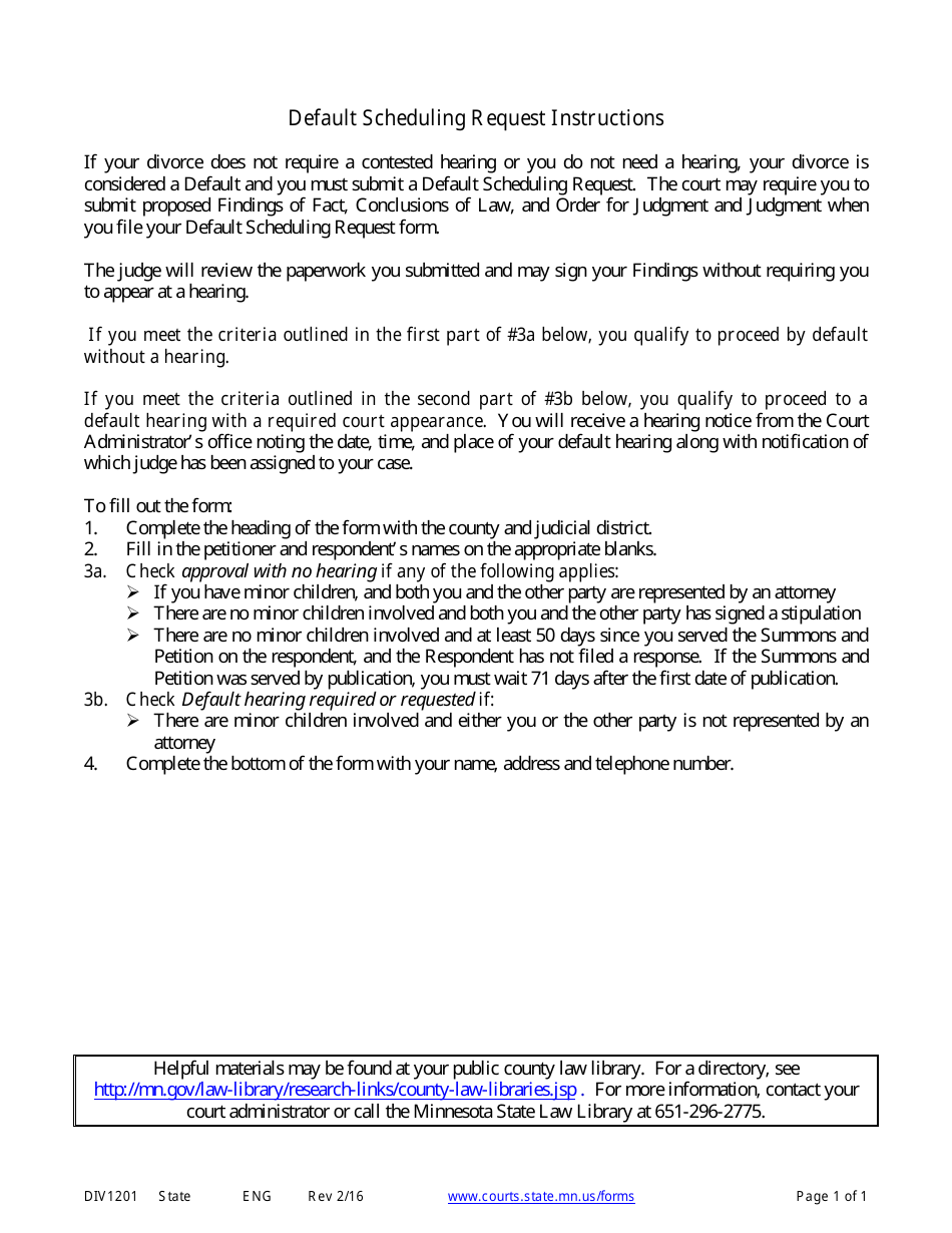 Instructions for Form DIV1202 Default Scheduling Request - Minnesota, Page 1