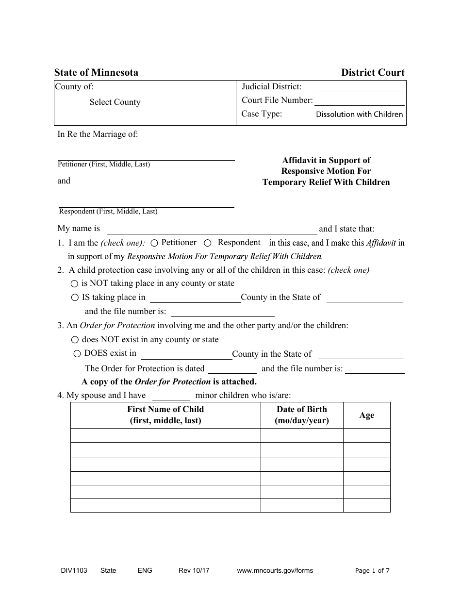 Form DIV1103 Affidavit in Support of Responsive Motion for Temporary Relief With Children - Minnesota, Page 1