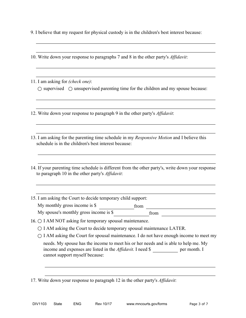 Form DIV1103 Affidavit in Support of Responsive Motion for Temporary Relief With Children - Minnesota, Page 3