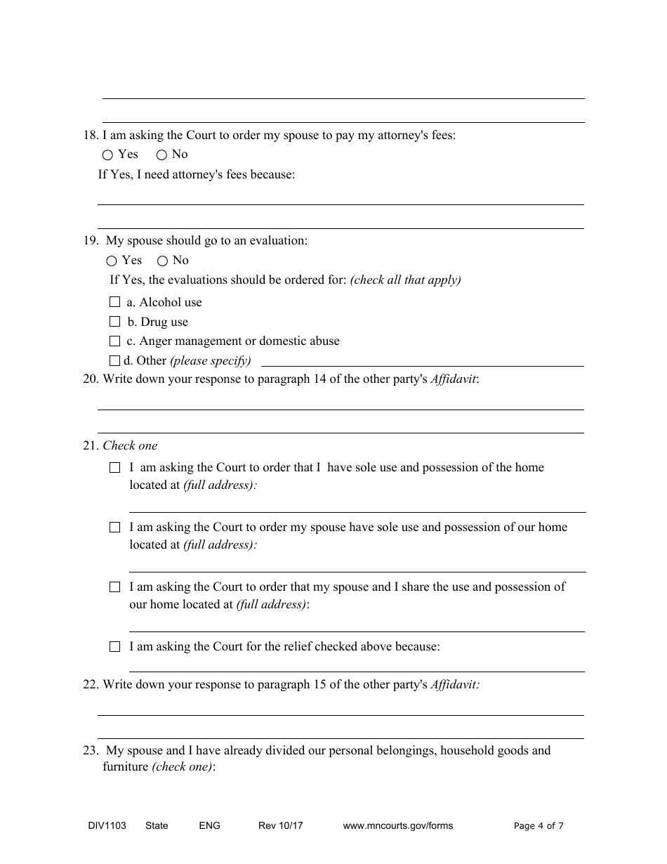 Form DIV1103 Affidavit in Support of Responsive Motion for Temporary Relief With Children - Minnesota, Page 4