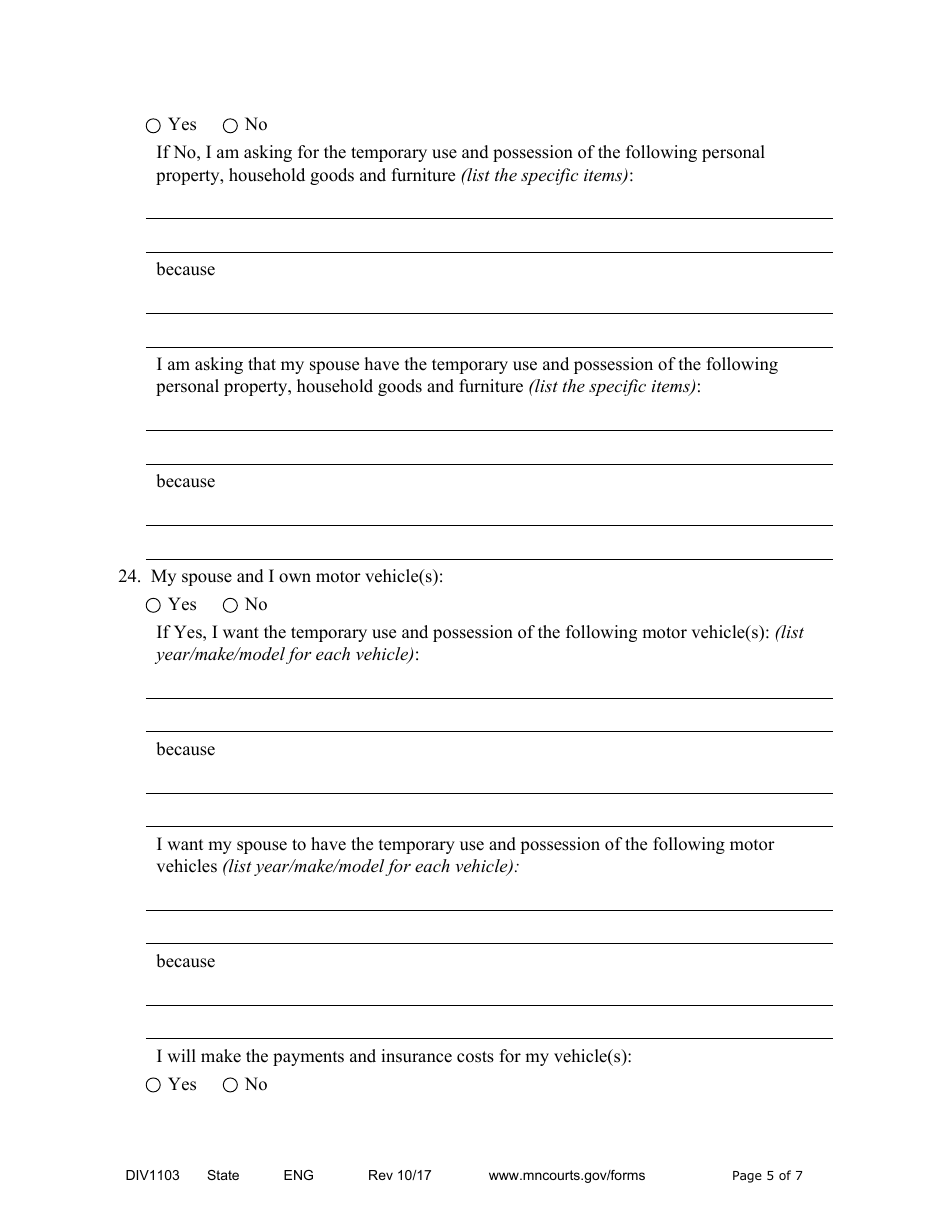 Form DIV1103 Affidavit in Support of Responsive Motion for Temporary Relief With Children - Minnesota, Page 5