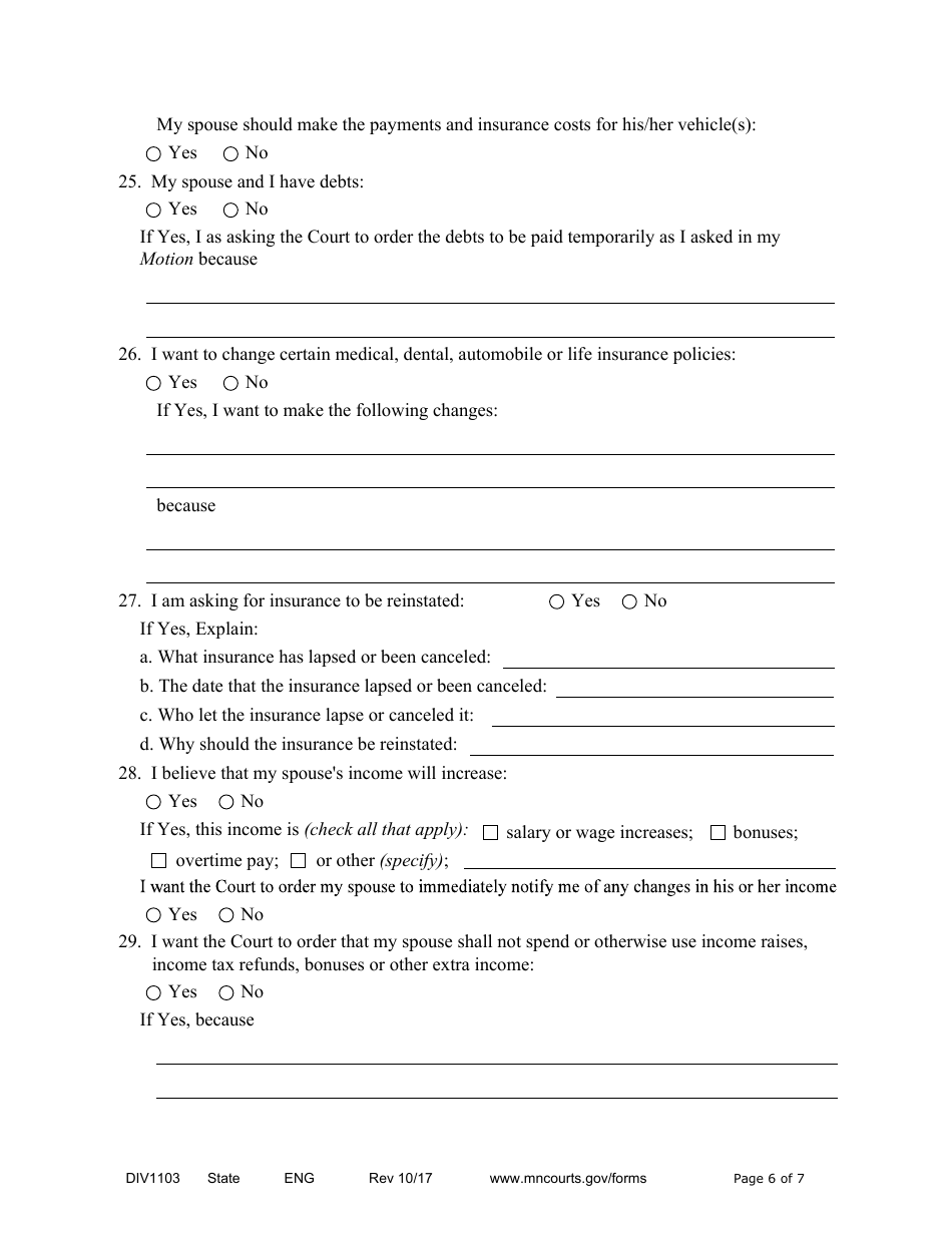 Form DIV1103 Affidavit in Support of Responsive Motion for Temporary Relief With Children - Minnesota, Page 6