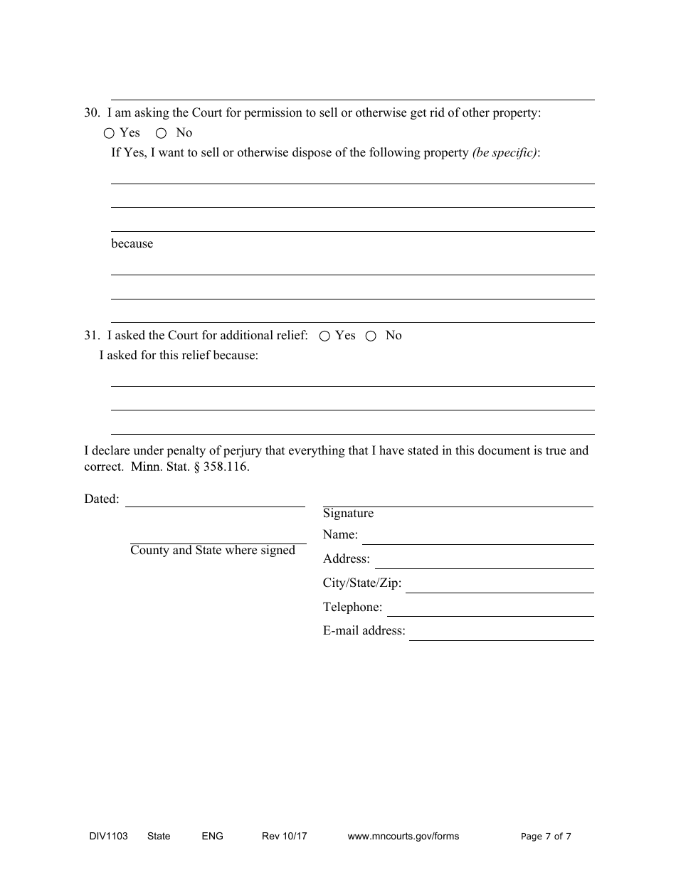 Form DIV1103 Affidavit in Support of Responsive Motion for Temporary Relief With Children - Minnesota, Page 7