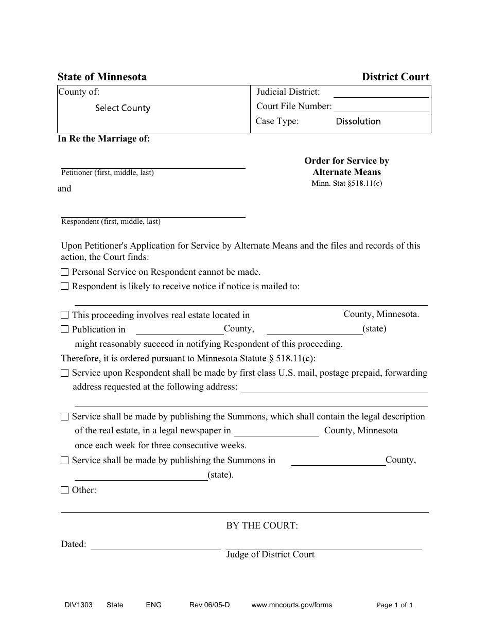 Form DIV1303 Order for Service by Alternate Means - Minnesota, Page 1