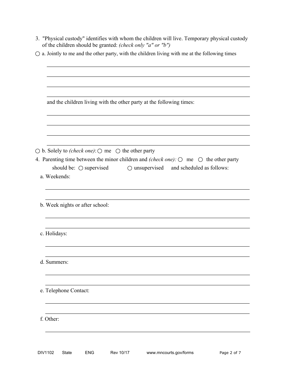 Form DIV1102 Responsive Notice of Motion and Motion for Temporary Relief With Children - Minnesota, Page 2