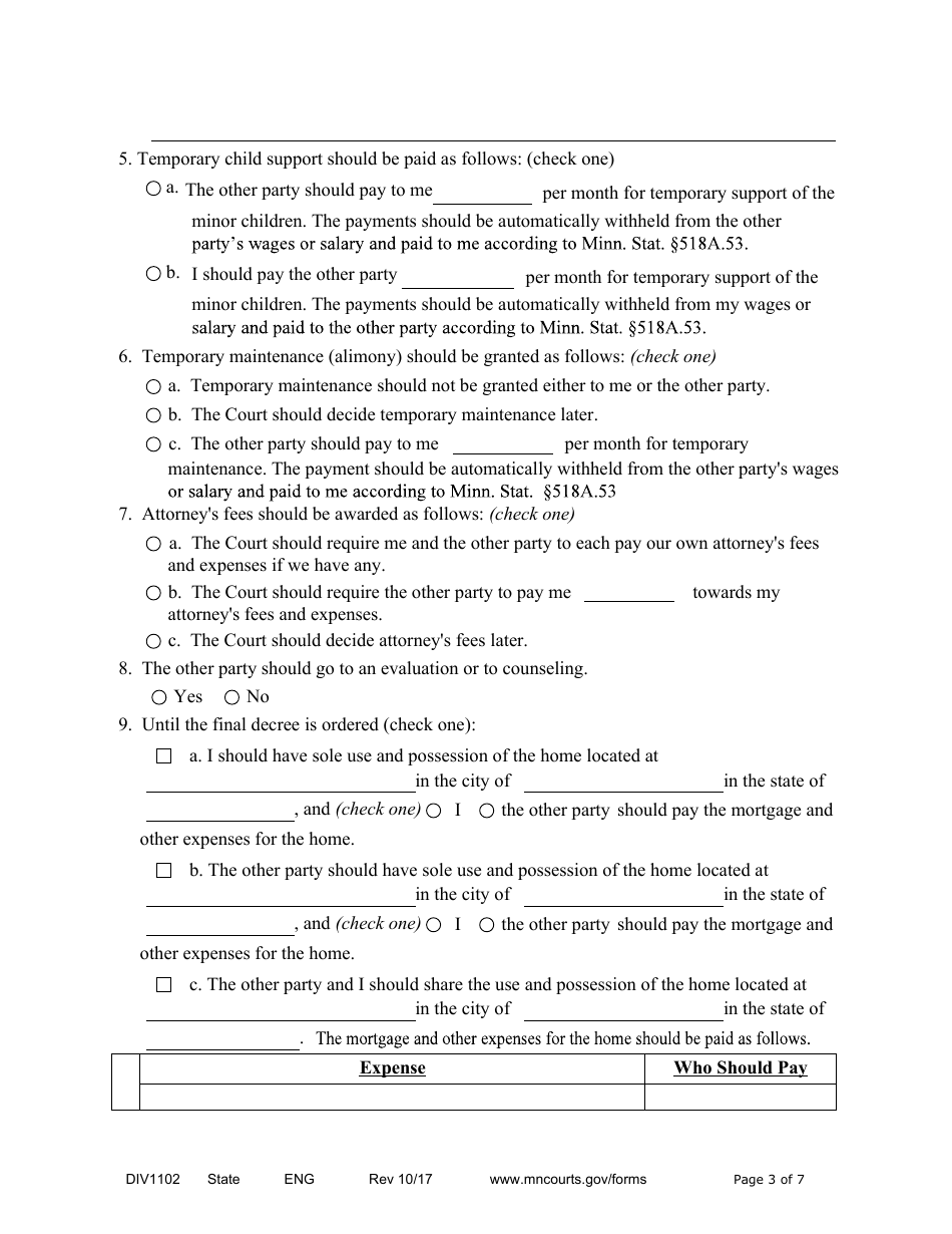 Form DIV1102 Responsive Notice of Motion and Motion for Temporary Relief With Children - Minnesota, Page 3