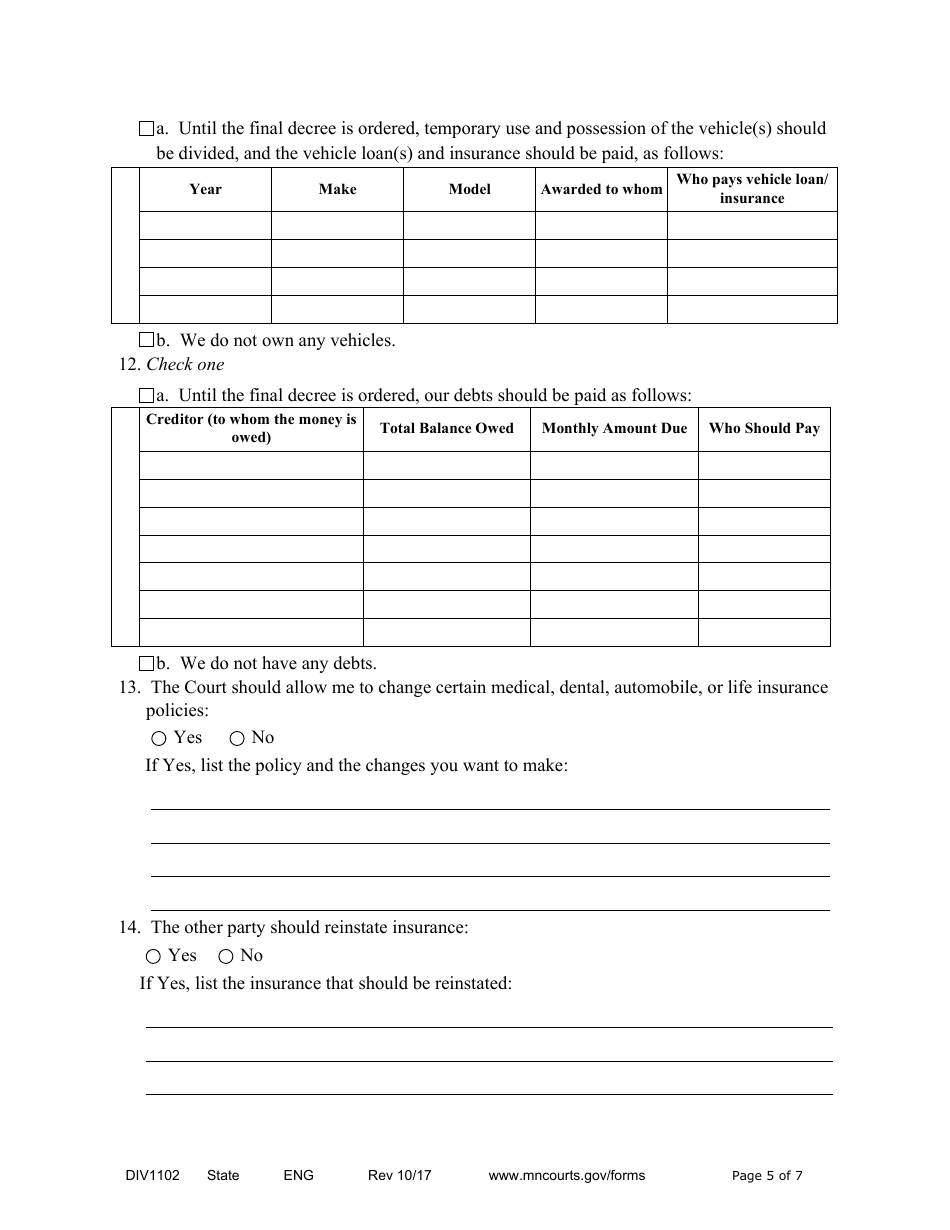 Form DIV1102 Responsive Notice of Motion and Motion for Temporary Relief With Children - Minnesota, Page 5