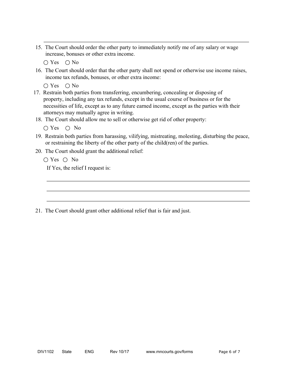 Form DIV1102 Responsive Notice of Motion and Motion for Temporary Relief With Children - Minnesota, Page 6