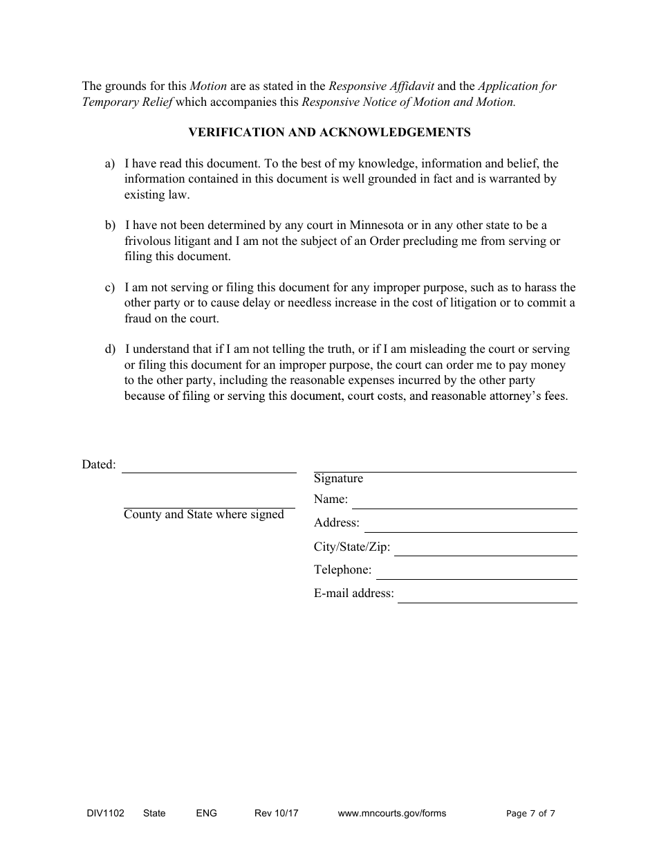 Form DIV1102 Responsive Notice of Motion and Motion for Temporary Relief With Children - Minnesota, Page 7