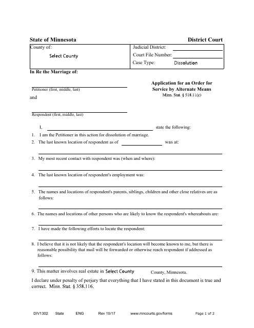 Form DIV1302 Application for an Order for Service by Alternate Means - Minnesota