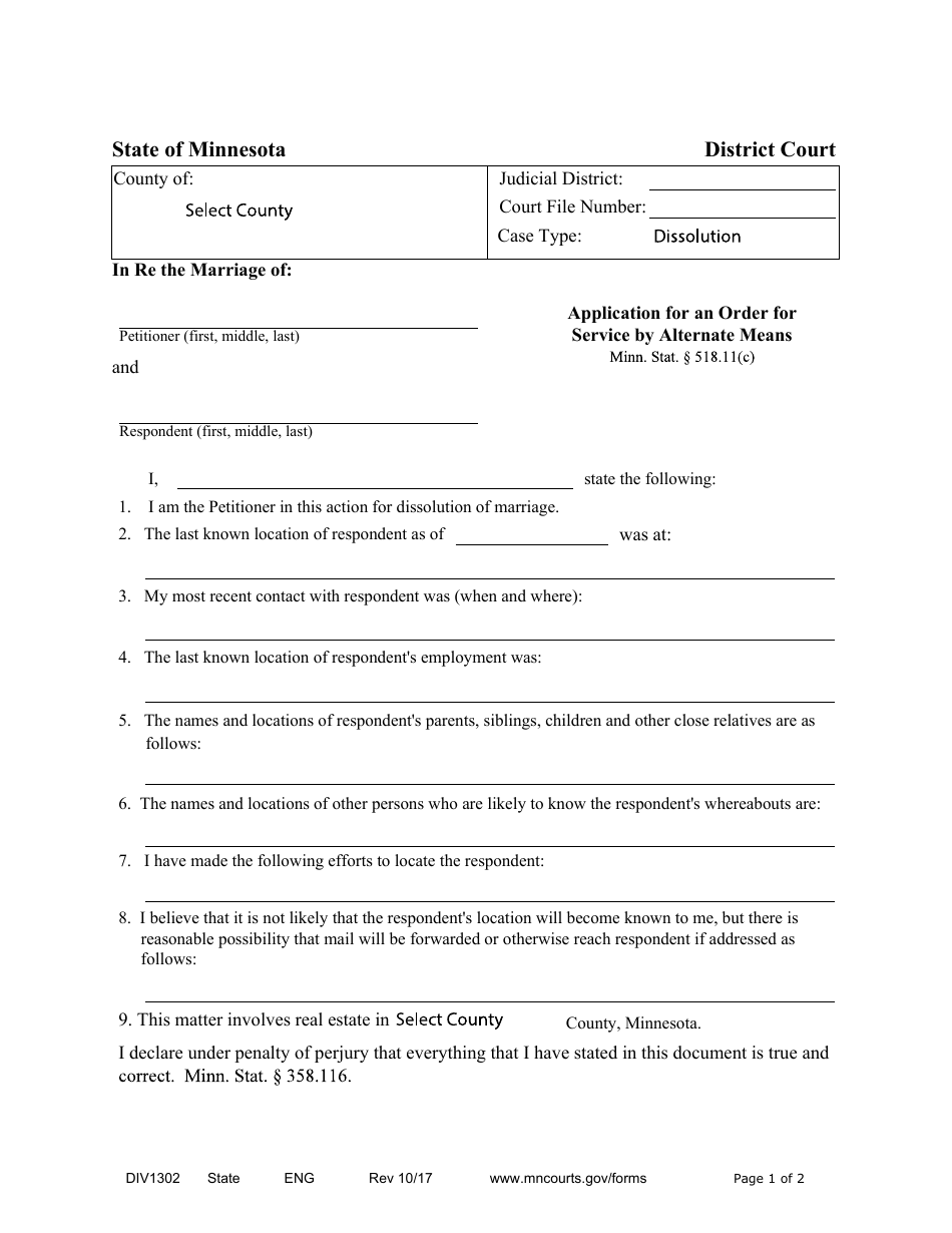 Form DIV1302 Application for an Order for Service by Alternate Means - Minnesota, Page 1