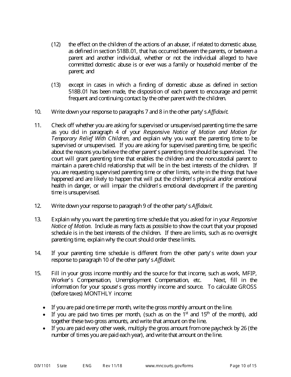 Form DIV1101 Response to a Request for Temporary Relief Pending Final Hearing With Children - Minnesota, Page 10
