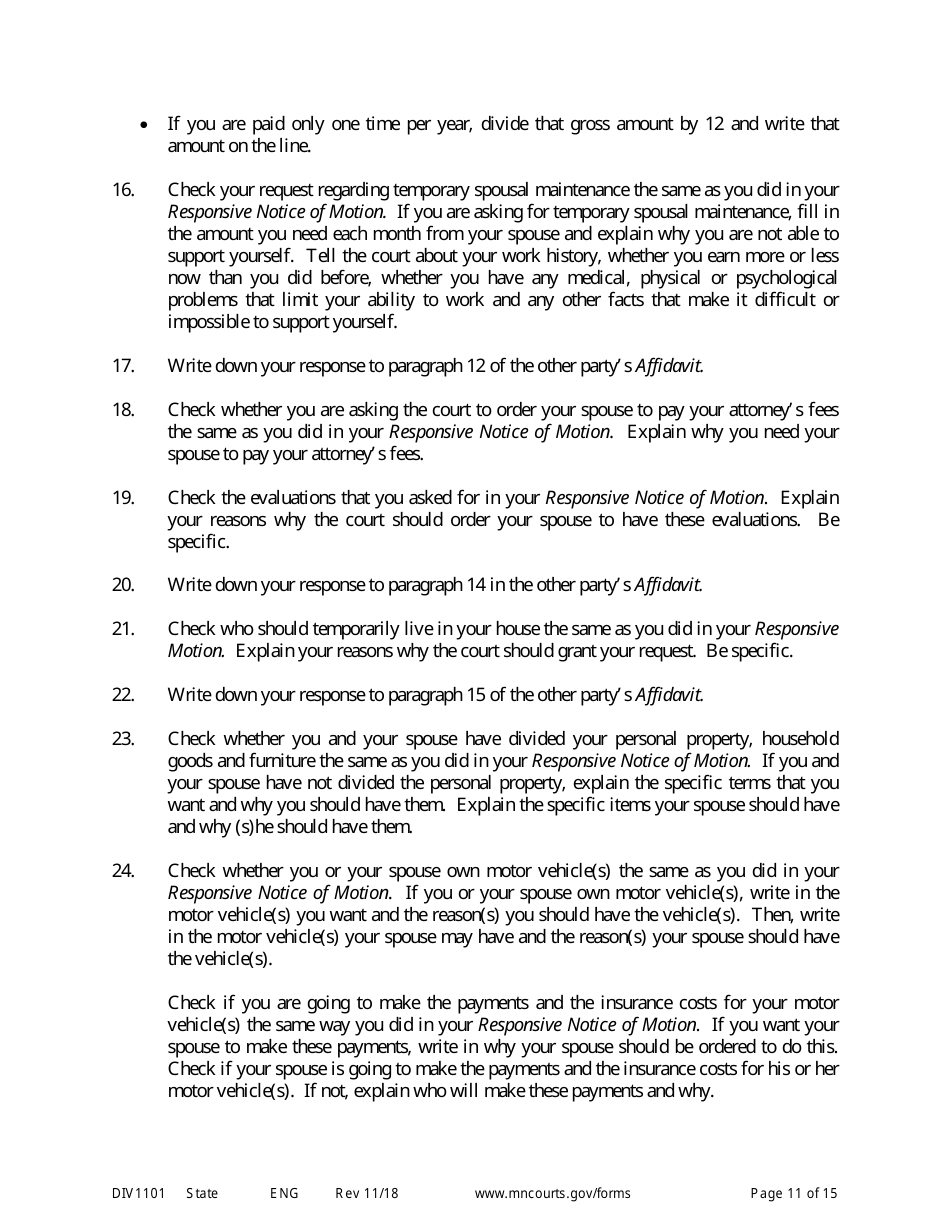 Form DIV1101 Response to a Request for Temporary Relief Pending Final Hearing With Children - Minnesota, Page 11
