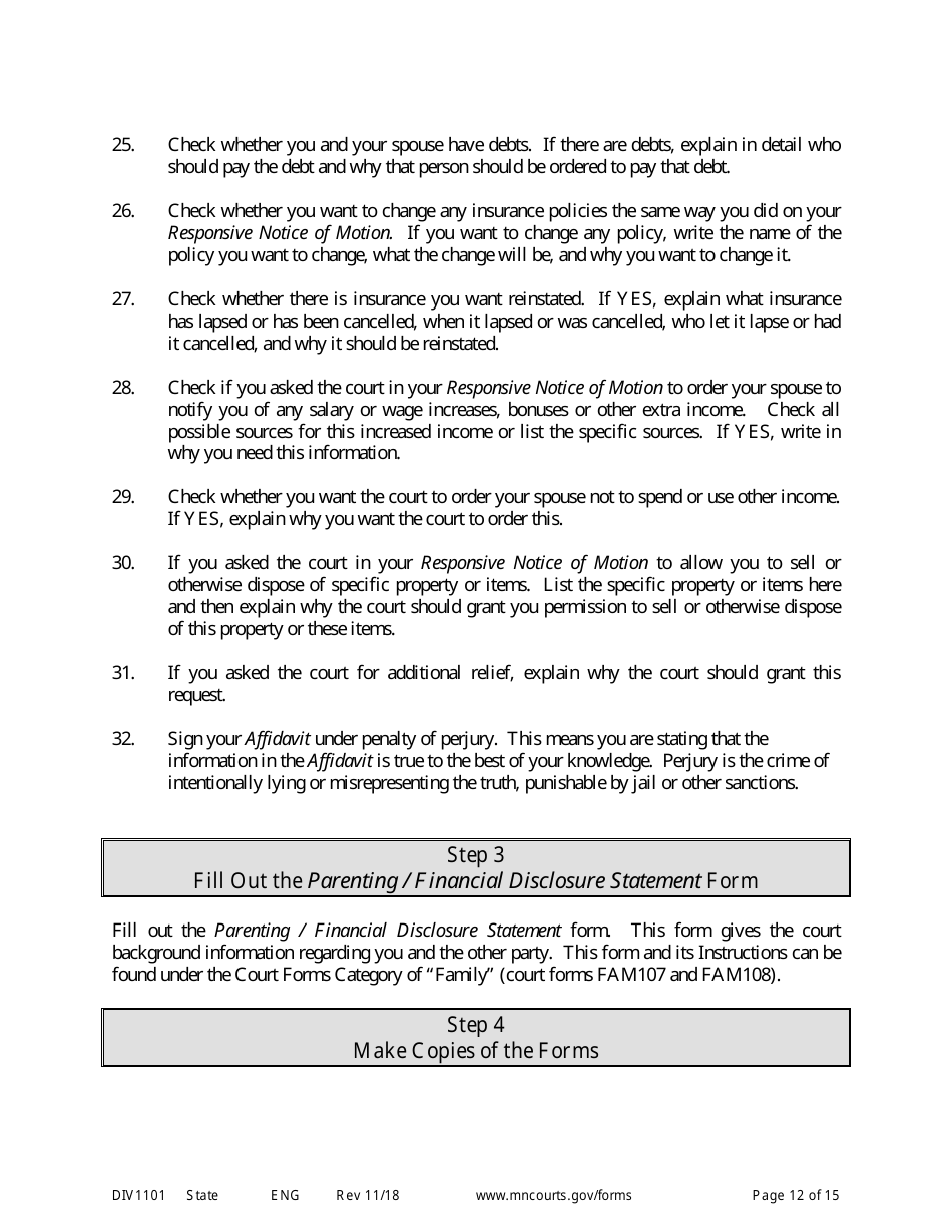 Form DIV1101 Response to a Request for Temporary Relief Pending Final Hearing With Children - Minnesota, Page 12