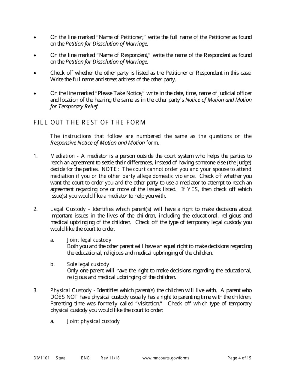 Form DIV1101 Response to a Request for Temporary Relief Pending Final Hearing With Children - Minnesota, Page 4