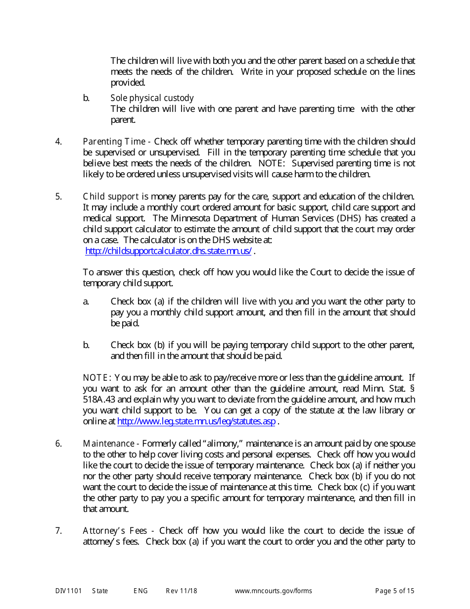 Form DIV1101 Response to a Request for Temporary Relief Pending Final Hearing With Children - Minnesota, Page 5