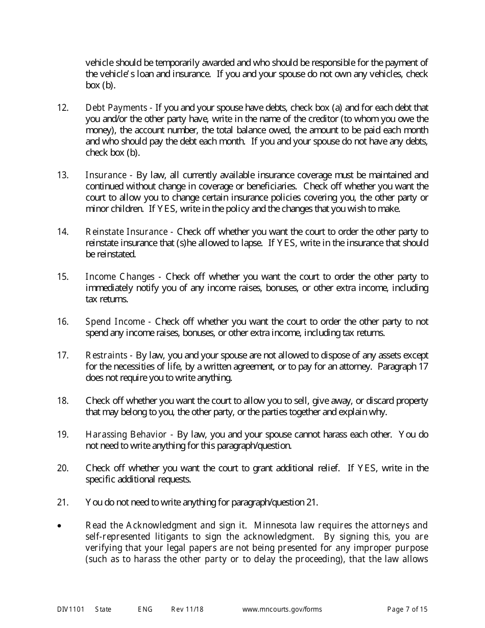Form DIV1101 Response to a Request for Temporary Relief Pending Final Hearing With Children - Minnesota, Page 7