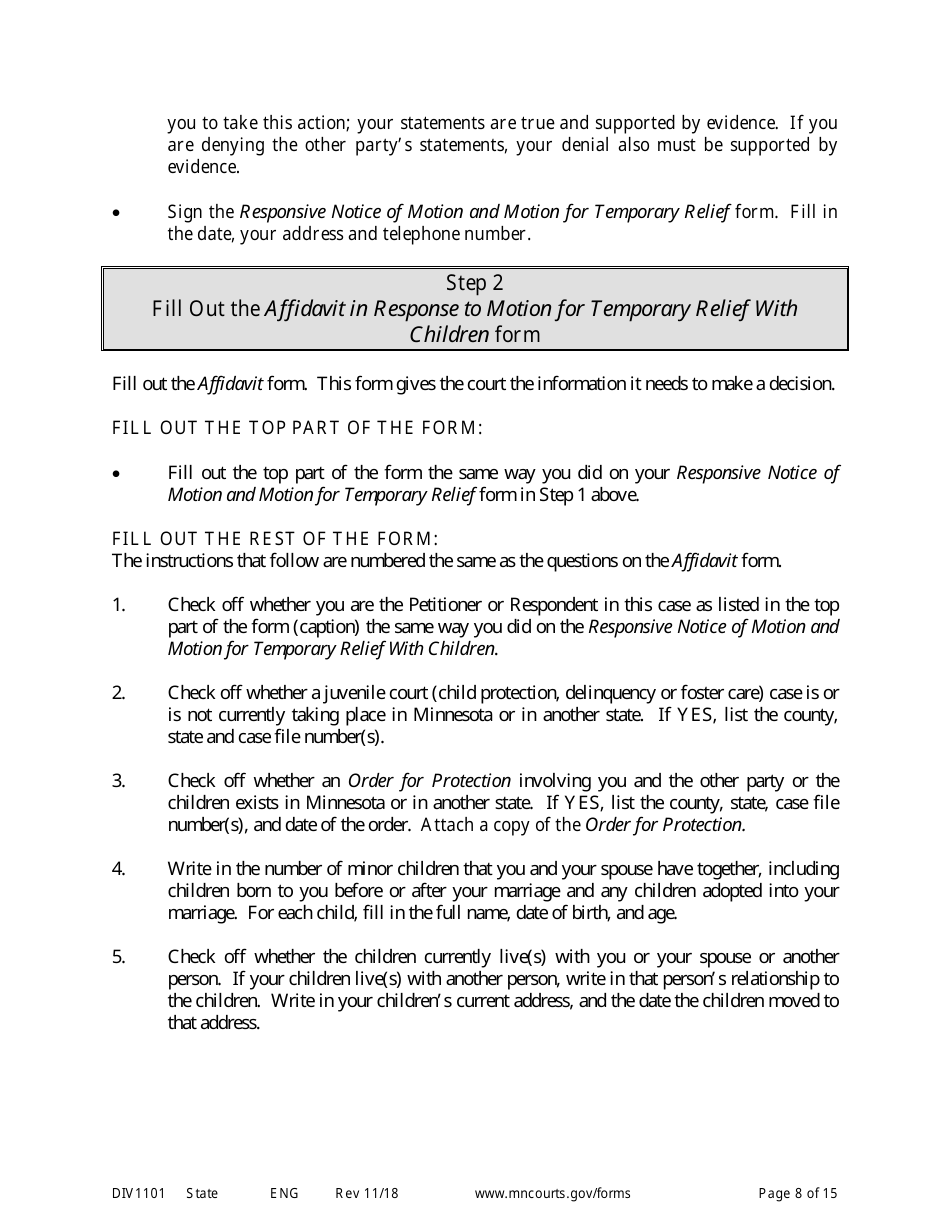Form DIV1101 Response to a Request for Temporary Relief Pending Final Hearing With Children - Minnesota, Page 8