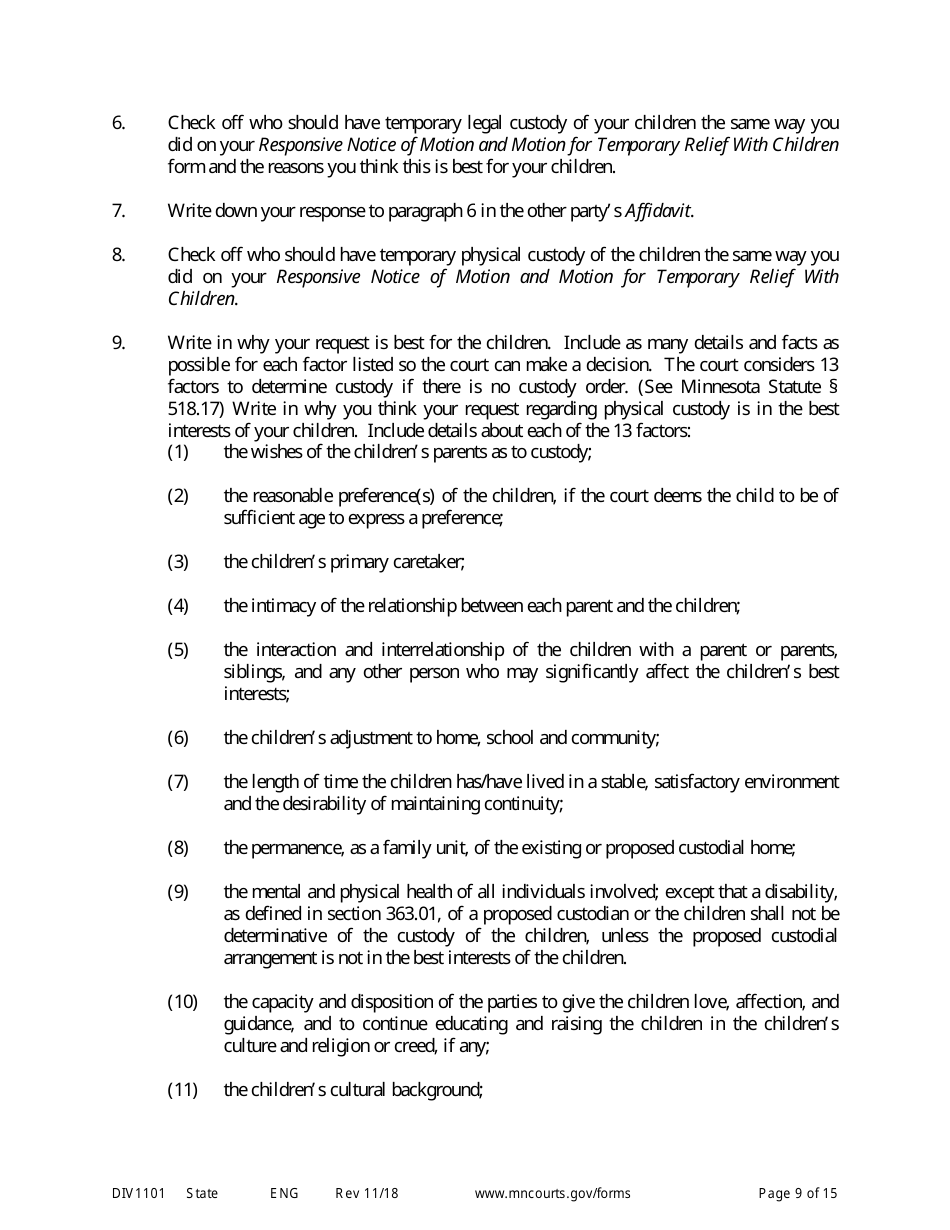 Form DIV1101 Response to a Request for Temporary Relief Pending Final Hearing With Children - Minnesota, Page 9