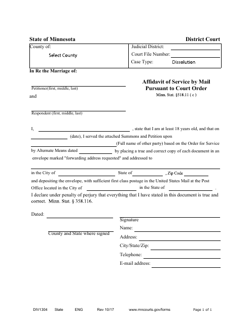Form DIV1304 Affidavit of Service by Mail Pursuant to Court Order - Minnesota