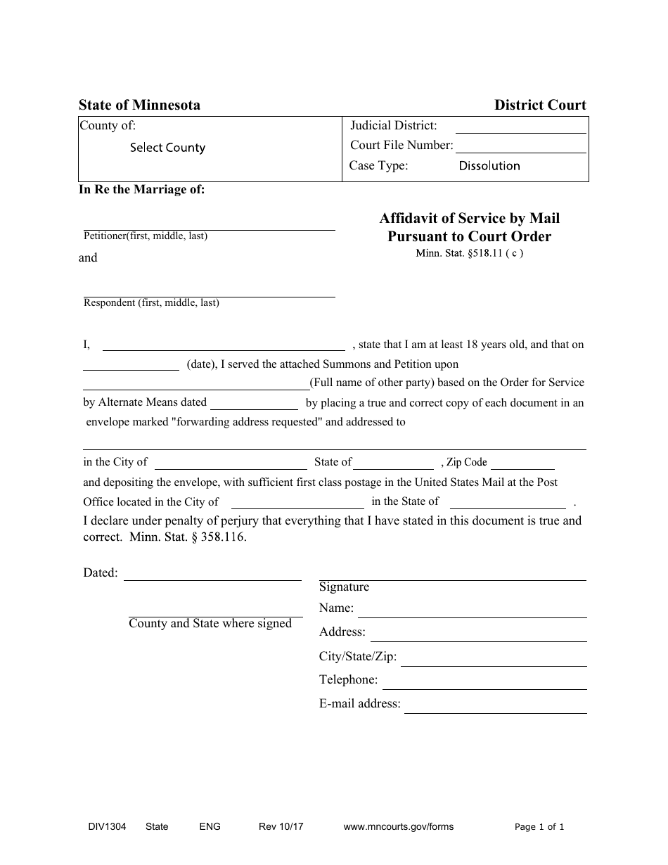 Form DIV1304 Affidavit of Service by Mail Pursuant to Court Order - Minnesota, Page 1