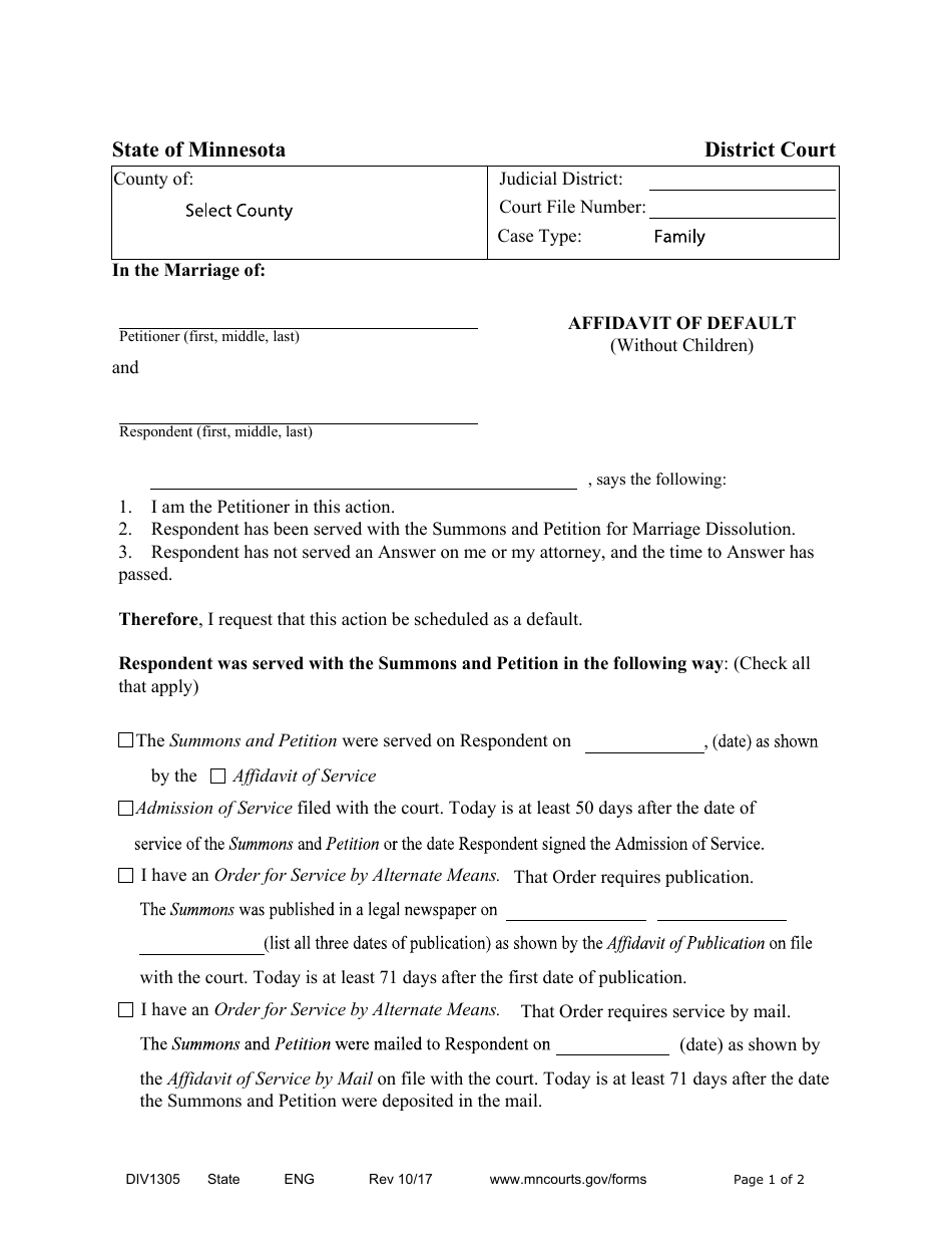 Form DIV1305 Affidavit of Default Without Children When Served by Alternate Means - Minnesota, Page 1