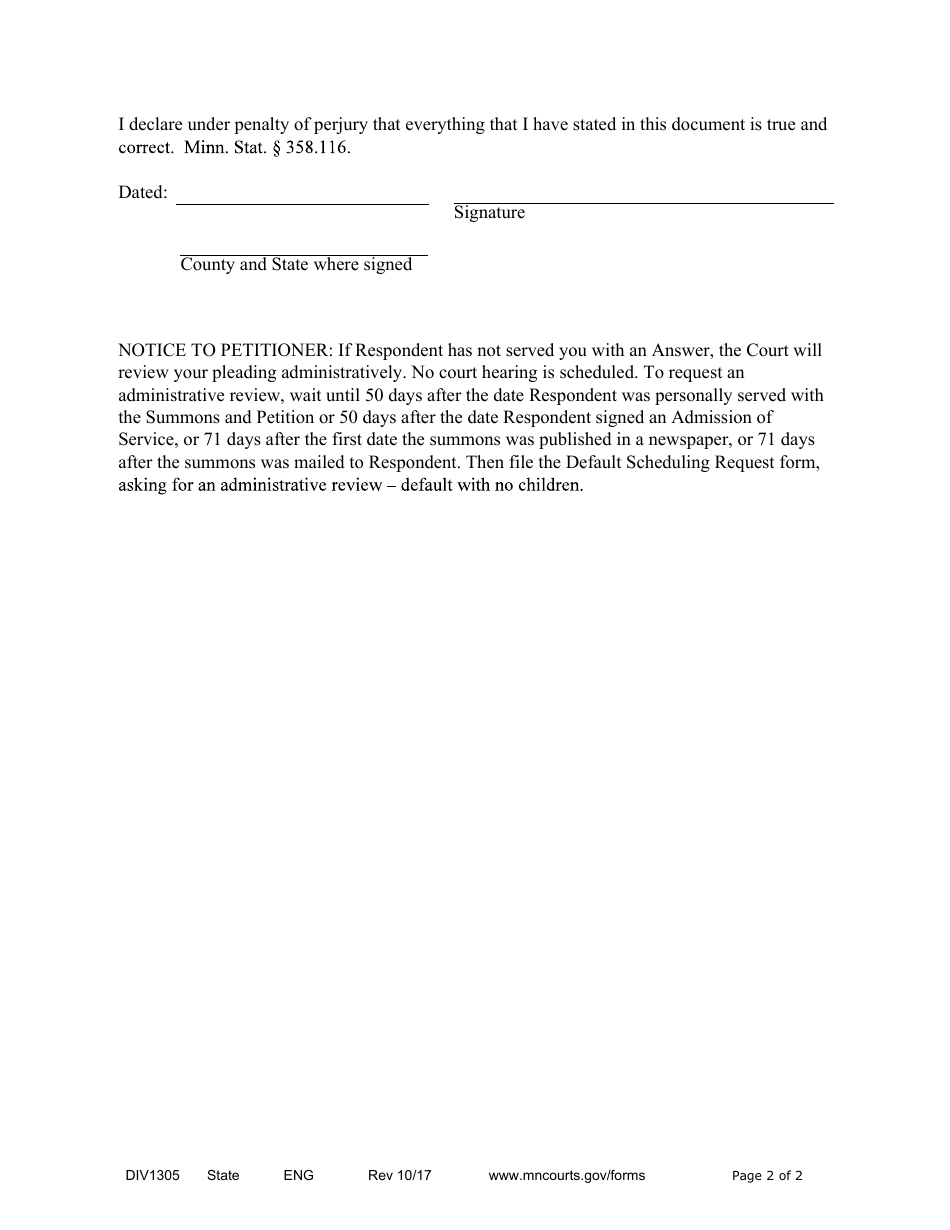 Form DIV1305 Affidavit of Default Without Children When Served by Alternate Means - Minnesota, Page 2