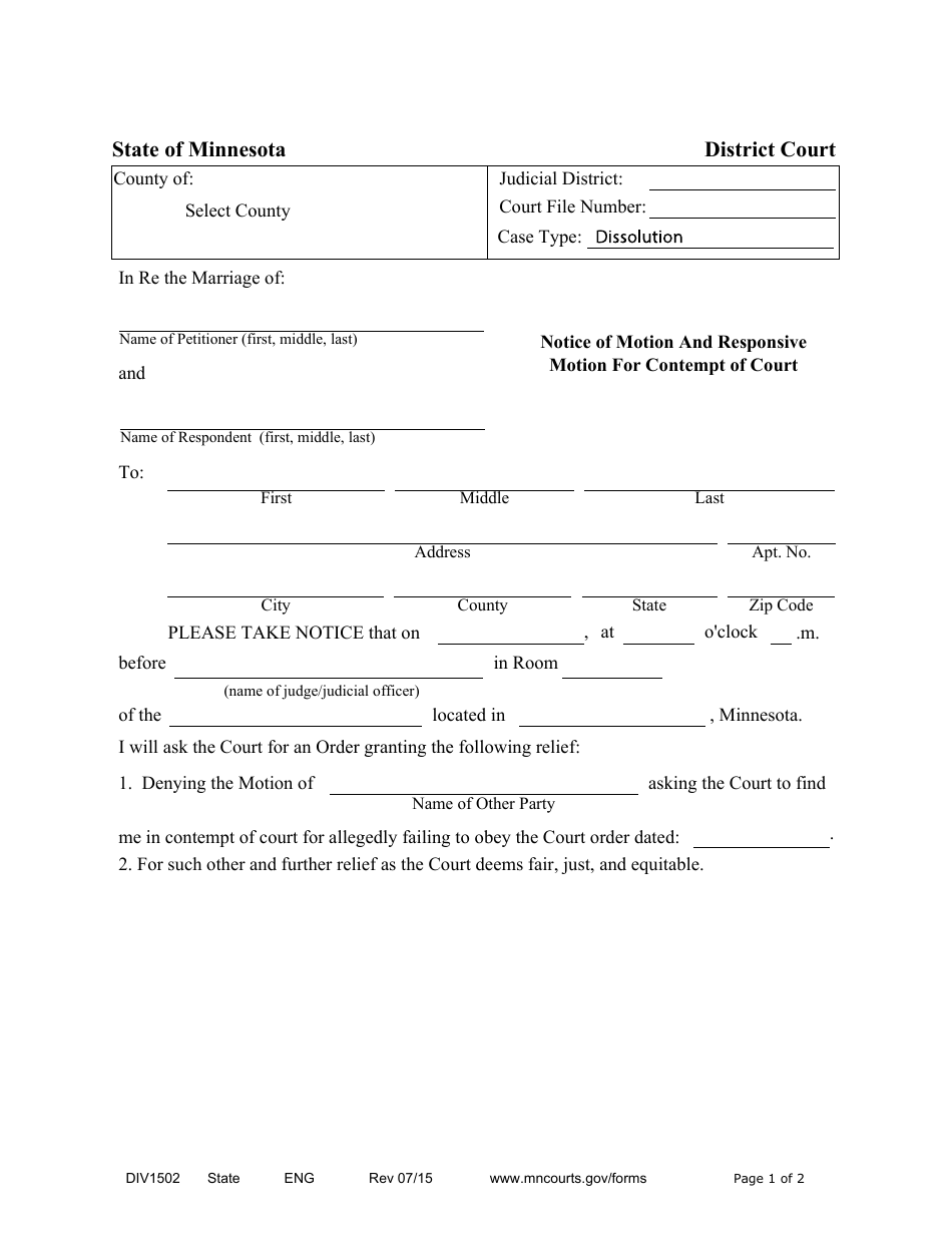 Form DIV1502 Notice of Motion and Responsive Motion for Contempt of Court - Minnesota, Page 1